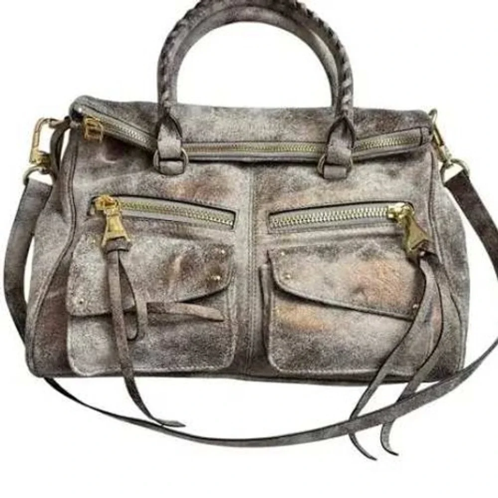 Aimee Kestenberg Women Riviera Satchel Gunmetal Leather Distressed Metallic
